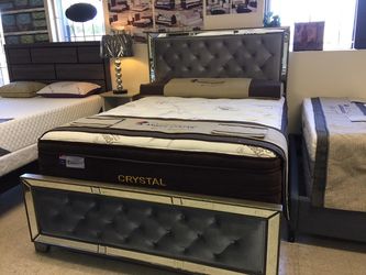 Upholstered w/ Mirror Trim Queen Size Bed Frame