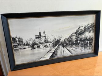 Vintage Large Framed Oil  Paris Cityscape Painting-Seine River, Bridge, Cathedral & Street Scene-Signed Barnet
