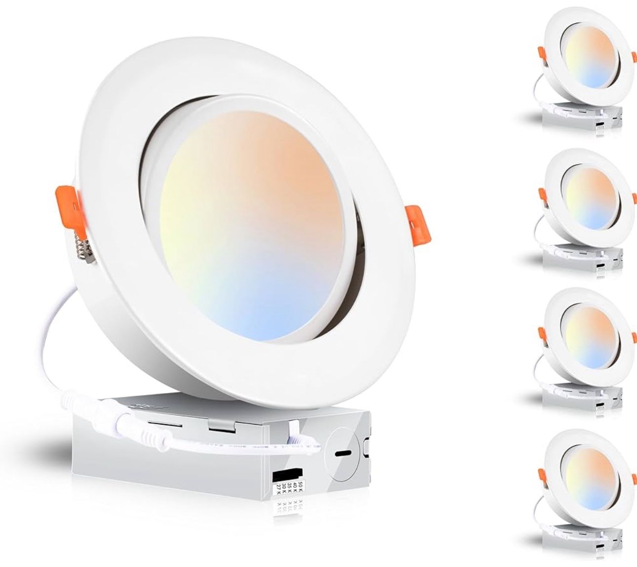 CLOUDY BAY 15W 6 inch 5 Color Swivel LED Gimbal Recessed Light with Junction Box, IC Rated Air Tight Flicker Free,120V CRI90+, 2700K/3000K/3500K/4000K