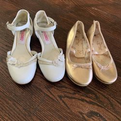 Pairs of 2 Girls White and Gold Dress Shoes Elegant Style size 1 1/2