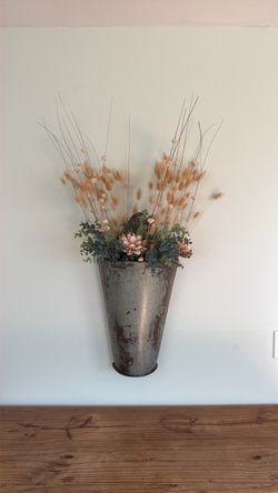 Large Rustic Galvanized Wall Planter with Dried & Faux Floral Arrangement – 25”