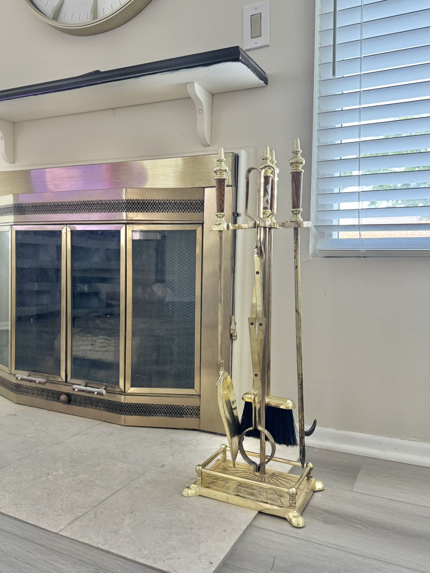 Vintage Solid Brass Fireplace Tool Set - 5 Piece