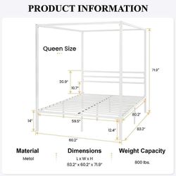 Metal Canopy Bed Frame Queen Size/Mattress Foundation with Metal Slats Support(932-4)