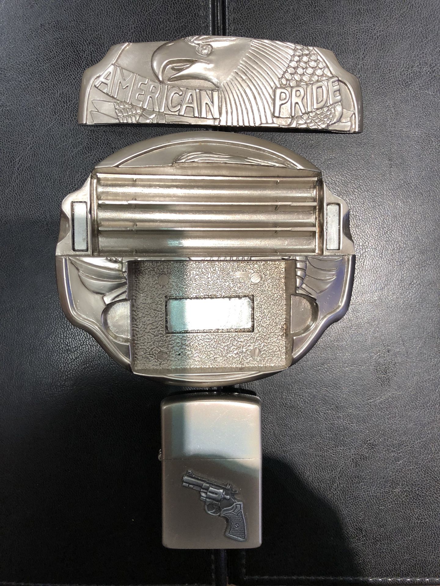 American Pride Sterling Silver Belt Buckle w/ cigarettes Lighter attachment, etc