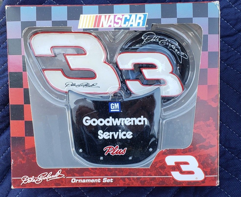 Lot of 3 Dale Earnhardt Sr. NASCAR #3 Christmas Ornaments – Goodwrench Set, Figure, Glass Ball – Vintage NIB
