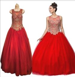 Layla K LK-72 | Beaded Embroidery Illusion Quinceanera Ball Gown Dress Red/Gold 6  If Posted It Is Available