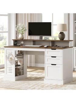 55inch Farmhouse Executive Desk with 2 Drawers and File Cabinet, Computer Desk with 3-Tier Storage Shelves, Home Office Desk with Charging Station, Pe