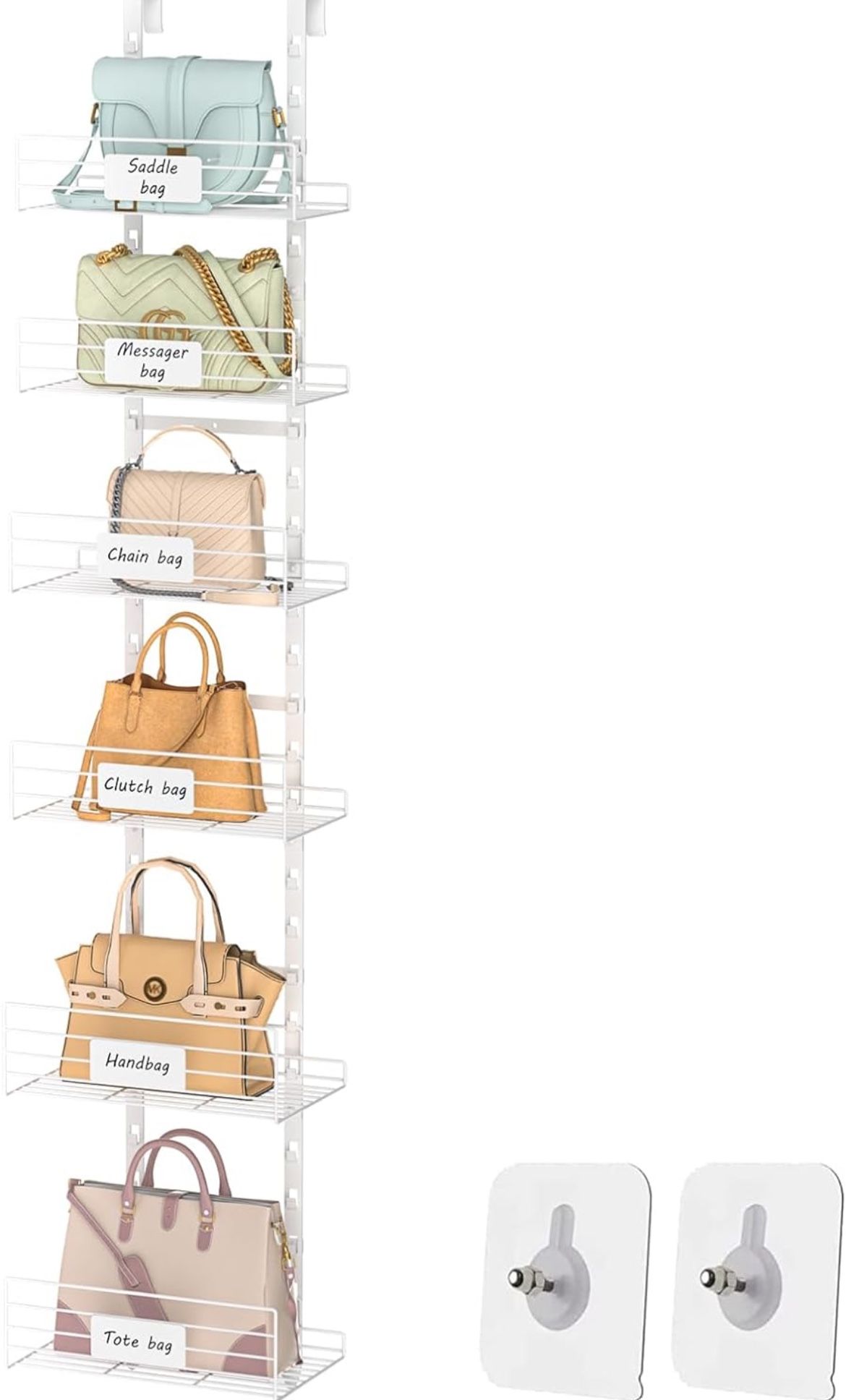 Hanging Purse Handbag Organizer Rack with Name Plate, Over The Door Detachable Bag Storage Rack - Can Use As 1/2 Part, Wall Mounted Adjustable Bag Rac