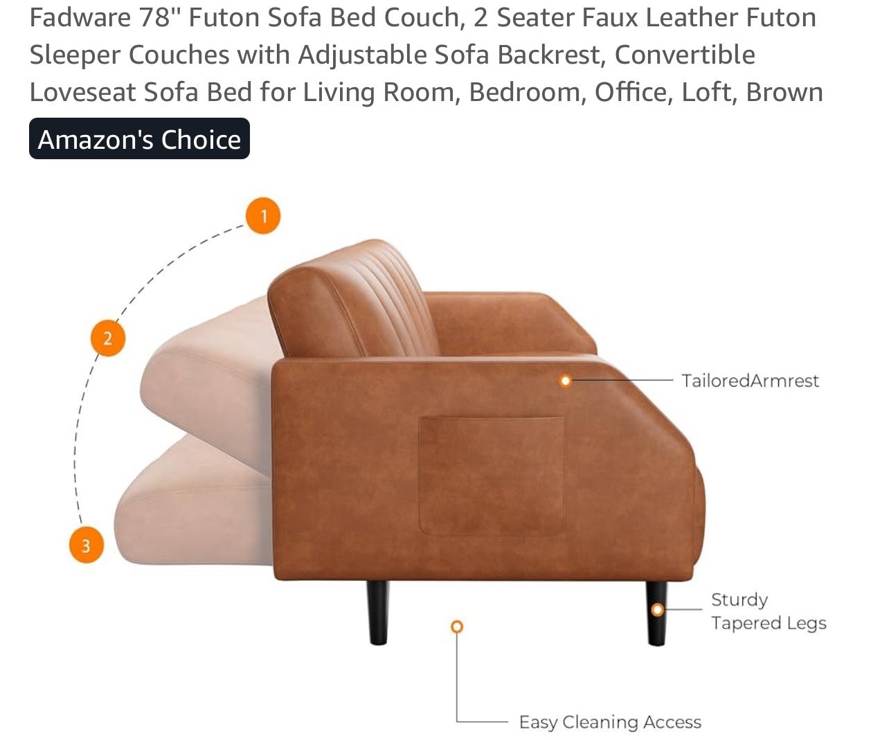 Fadware 78” Futon Sofa bed Couch, 2 Seater Faux Leather