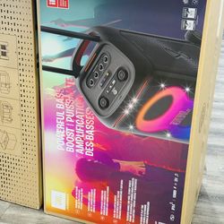 Brand new JBL PartyBox Stage 320 speakers in original boxes. This portable speaker has a telescopic handle and sturdy wheels for easy transport. It fe