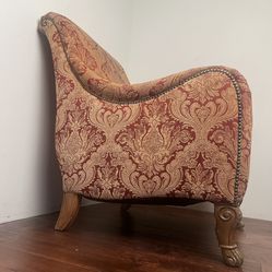 Schnadig High-Back Armchair – Carved Wood Paw Feet – Red & Gold Tapestry