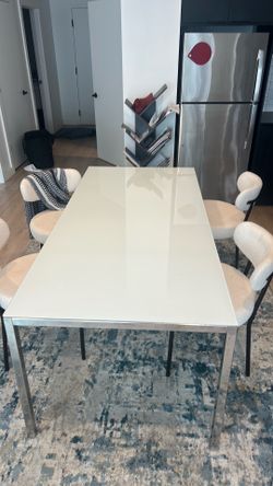 Modern White Frosted Glass Dining Table + 6 Chairs ($100) - Easy Elevator Access⁠