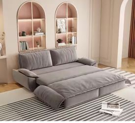 3-in-1 Convertible Gray 73.2 in. Soft Velvet Queen Size Sofa Bed with 2-Soft Pillows