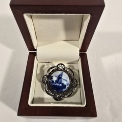Vintage Handpainted Delft Windmill Porcelain Sterling Silver Brooch 