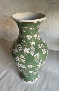 Galt International Green Sakura Ceramic Chinoiserie Vase