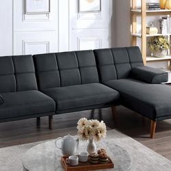 Brand New Black Futon Sofa Sleeper + Chaise Lounge