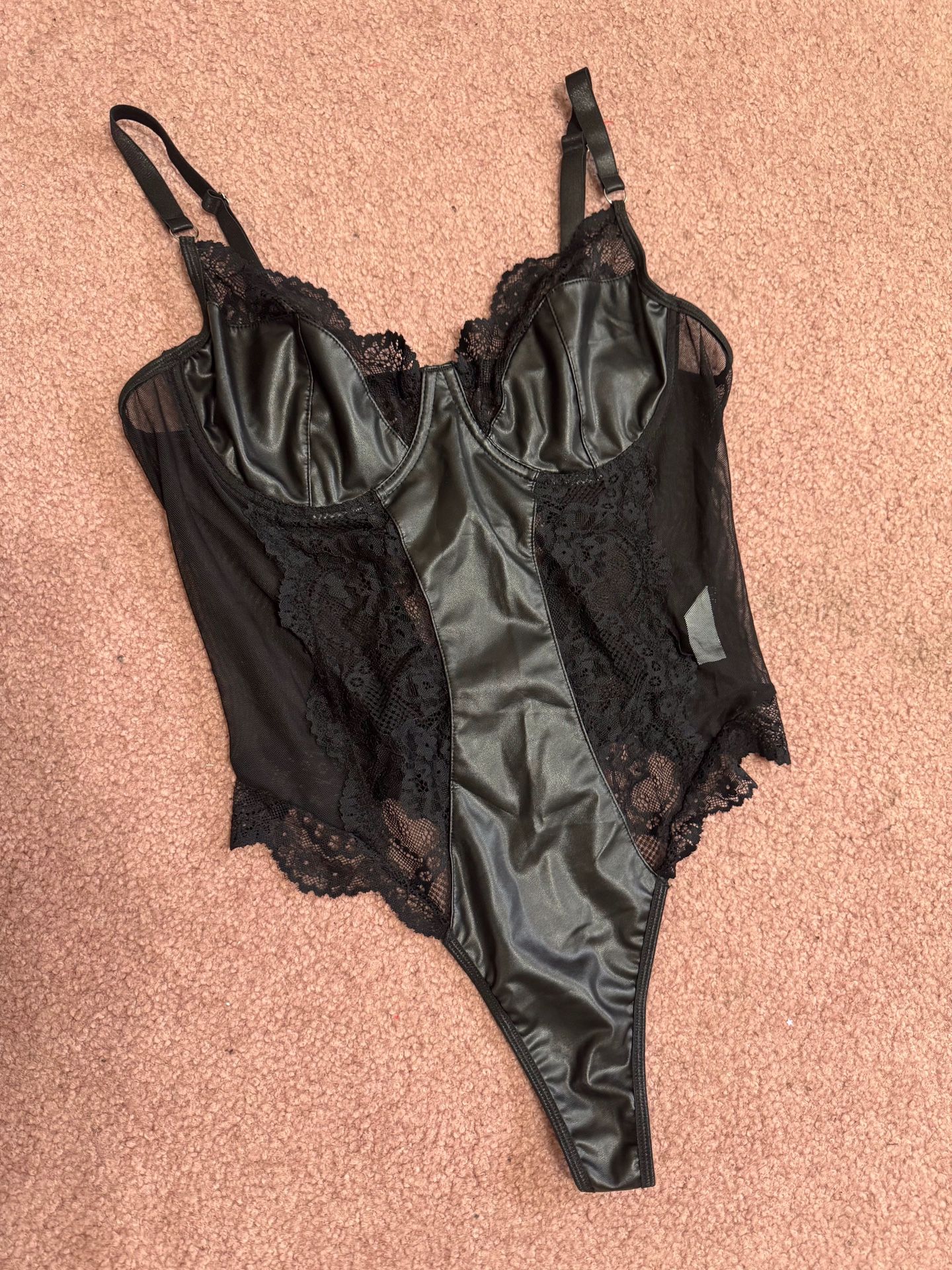 New Xl Black Pleather Bodysuit Goth Sheer Stretchy Lingerie
