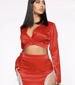 Fashion Nova Red Satin 2 Piece Skirt Set