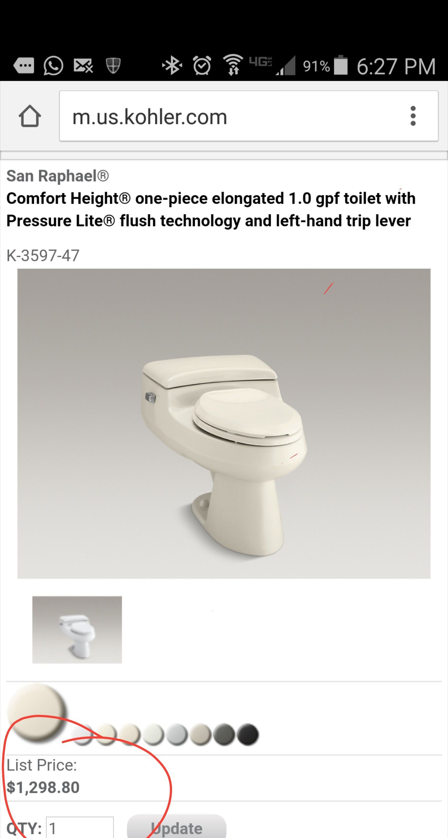 Kohler San Rafael one gallon almond toilet
