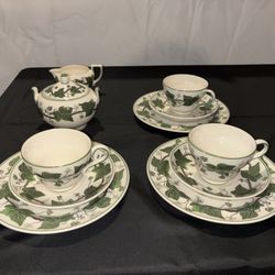 Ceramic Ivy Dinner Set 11pc Teapot Creamer Cups Saucers Plates Green White