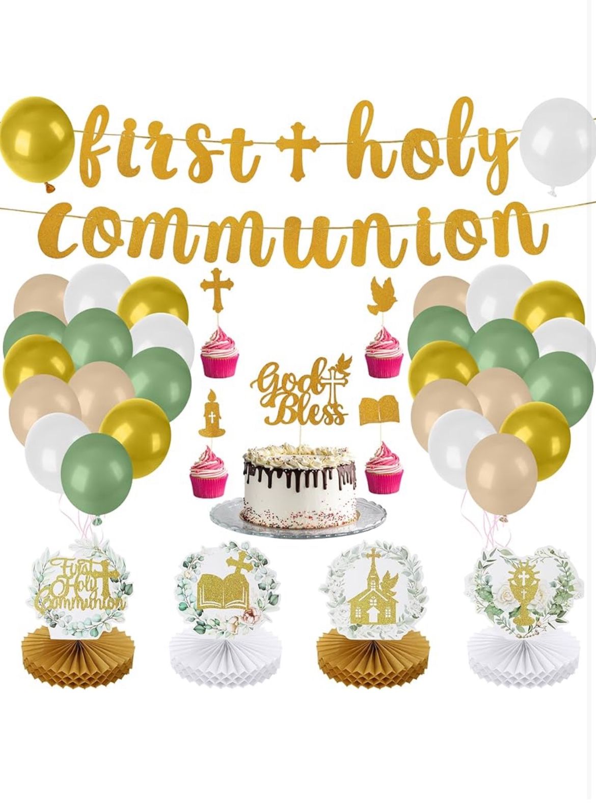 Brand: EPARTSWIDE First Holy Communion Decorations Baptism Cake Decoration for Boys and Girls - God Bless/Baby Shower, Elegant Cross-Themed Decor , Fi