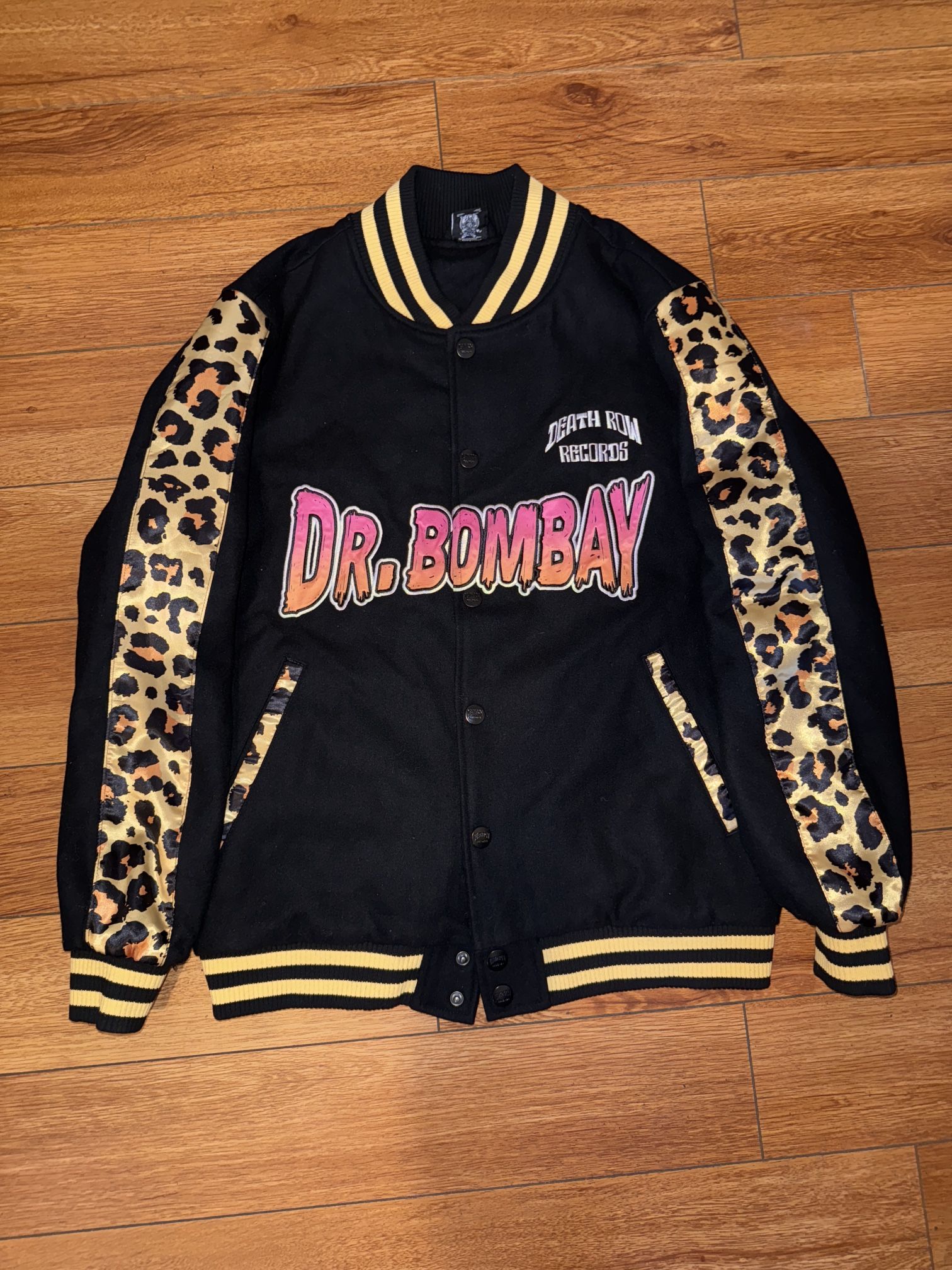 Men small Death Row Records Dr. Bombay Leopard Varsity Jacket BLACK Size Small