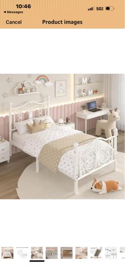 Twin Bed Frame with Butterfly Pattern Design Headboard & Headboard, White Metal Platform Bed Frame, Footboard, Strong Metal Slats Support, No Box Spri