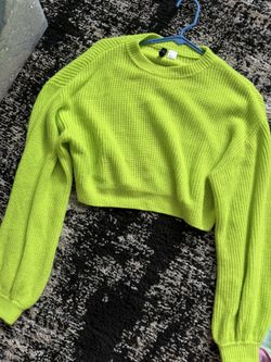Women’s Very Cropped Bell Flowy Wide Sleeve Neon Green Sweater Size Small 