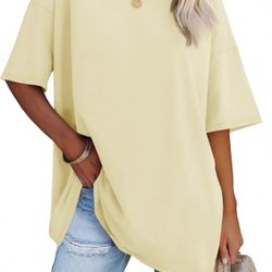 Women's Oversized V-Neck Cotton Tee Shirt, Loose Fit Tunic Top, Yellow - NWT