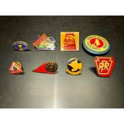 8 Vintage Railroad Lapel Pins. All Different. Enamel And Others Nice Condition. Preowned.