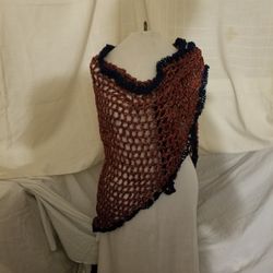Handmade crocheted shawl sparkle blue trim mauve rust wrap scarf