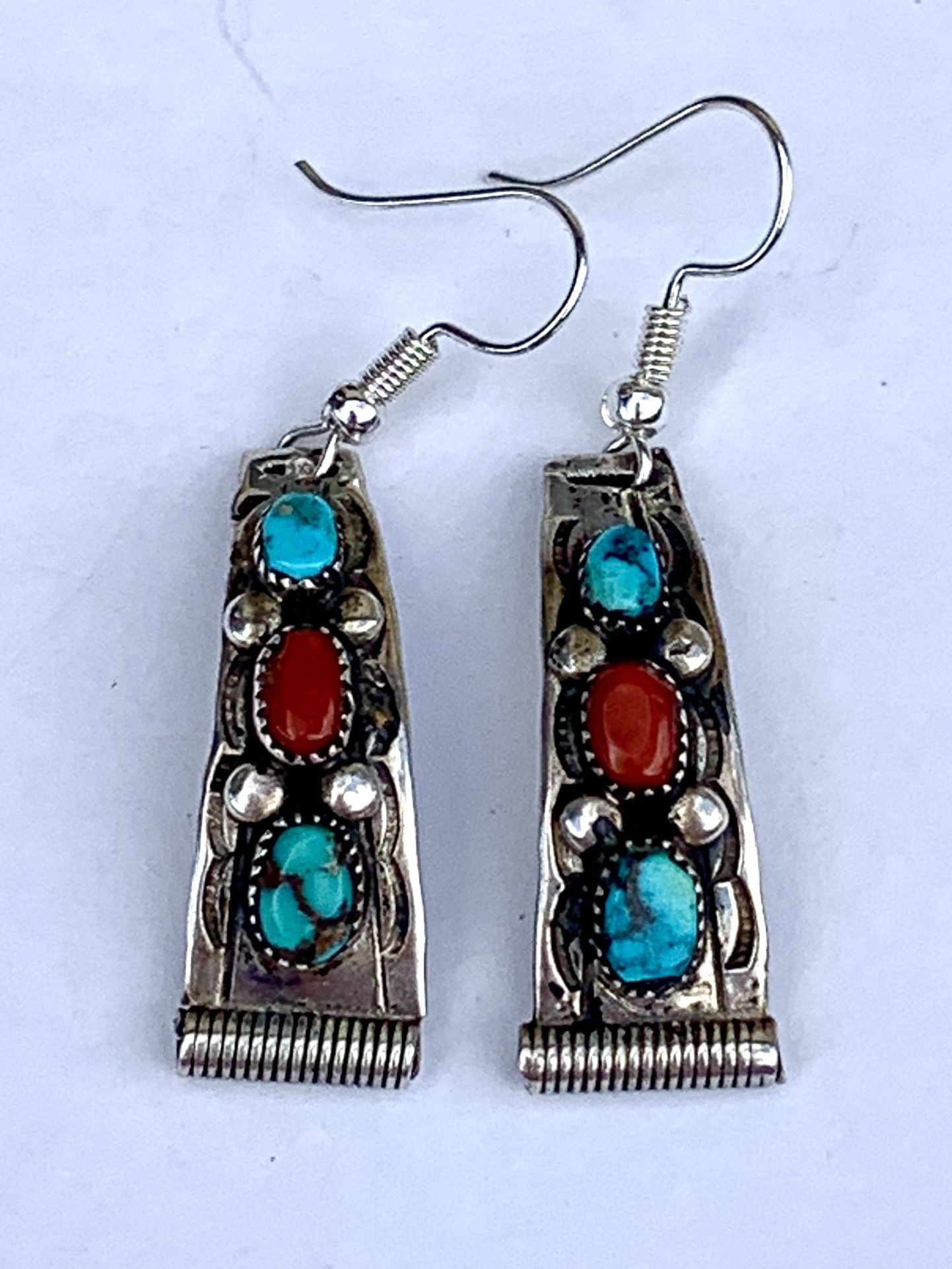 Turquoise and Coral Sterling Earrings