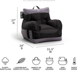 Big Joe Dorm Bean Bag Chair with Drink Holder and Pocket, Two Tone Black Smartmax, Durable Polyester Nylon Blend, 3 feet

