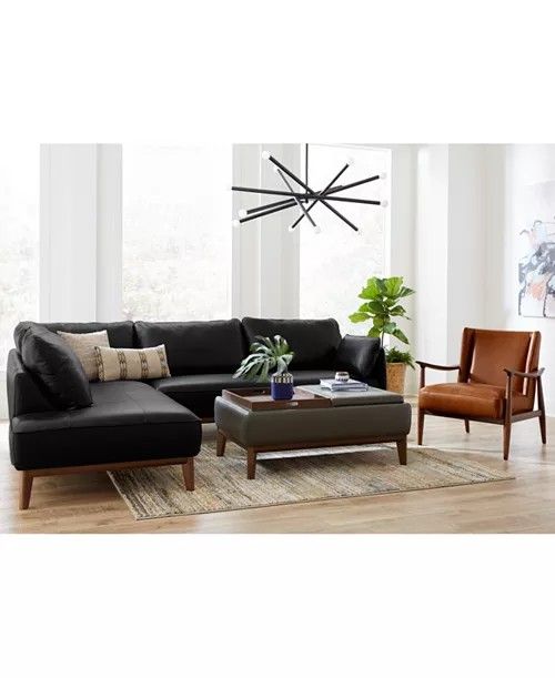 Jollene Leather 3-Pc. Modern Sectional with Chaise & Ottoman