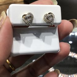 10k Gold Diamond Earrings ❤️ Heart Earrings With Baguettes Diamond ..💎💎💎
