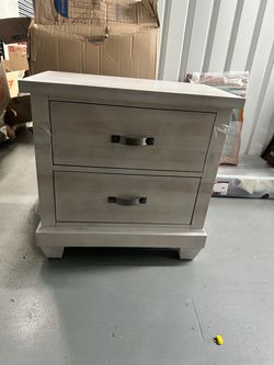 White Wood 2-Drawer Nightstand, tall dresser, and long dresser with mirror