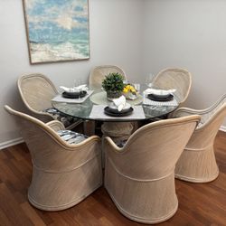 Vintage Sculptural Split Reed Dining Set Rattan Barrel Crespi Style By Henry Link