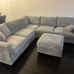 New Corduroy Sectional.  Grey, Beige, Green.  99” X 99”.  Free Delivery!