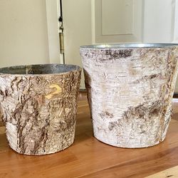 Set Of 2 Galvanized Steel Plant Pots With Wood Textures