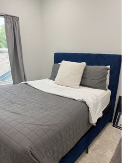 Queen Blue Velvet Upholstered Bed Frame + Box Spring Included