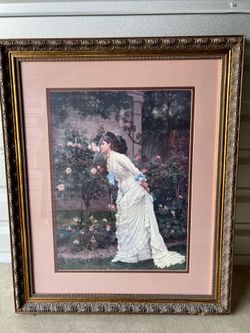 Large 35" Vintage Ornate Gold Framed Romantic Art – Woman in Rose Garden
