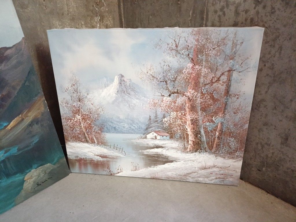 Beautiful Painting Framed Cabin On Frozen Lake In Mountains By M Dianne 24" X 20"