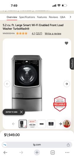 29” LG signature washer front load and sidekick washer pedestal 5.2&1.0 cuft Front Load /Black stainless Steel double washer
