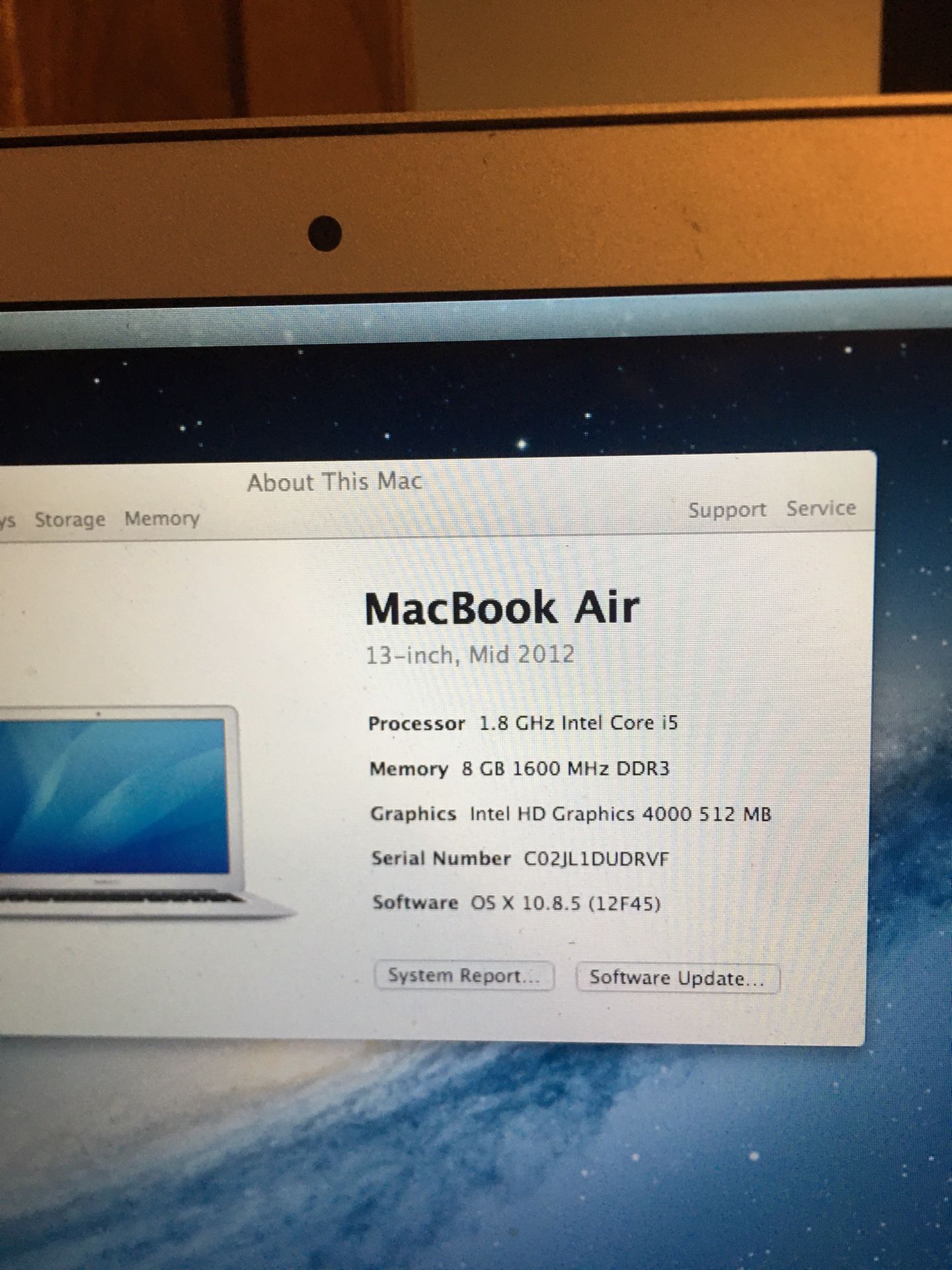 MacBook Air 1.8 ghz intel core i5. 8gm memory 250 gb harddrive