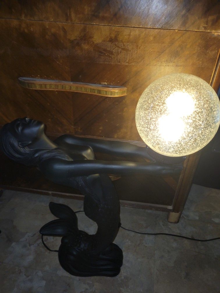 Vintage Art Deco Nude Mermaid Black Lamp With Globe RARE FIND