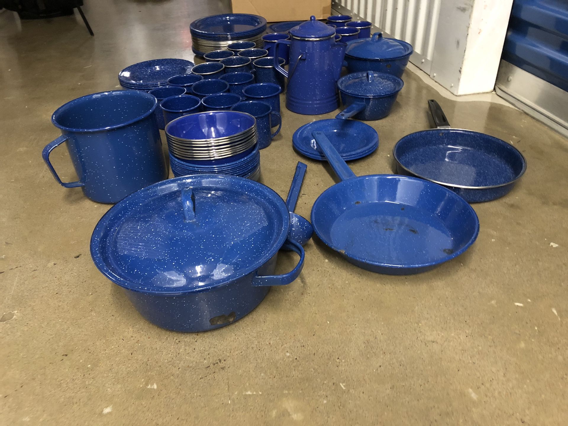 90+ blue enamelware camp set