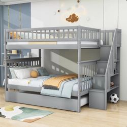 Full Over Full Bunk Bed with Trundle With Stairs And Bookshelf