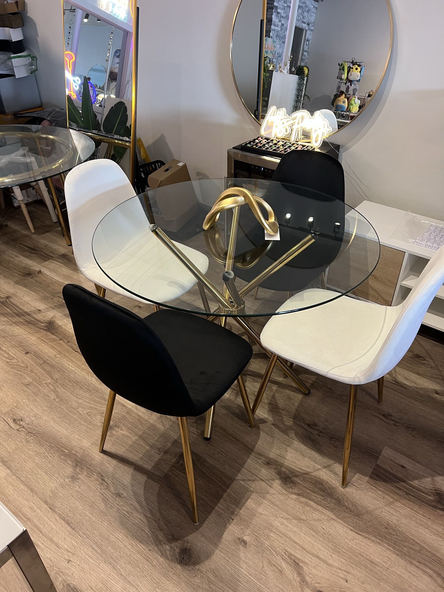 Dining Table Set For 4 Gold Glass Velvet Chairs
