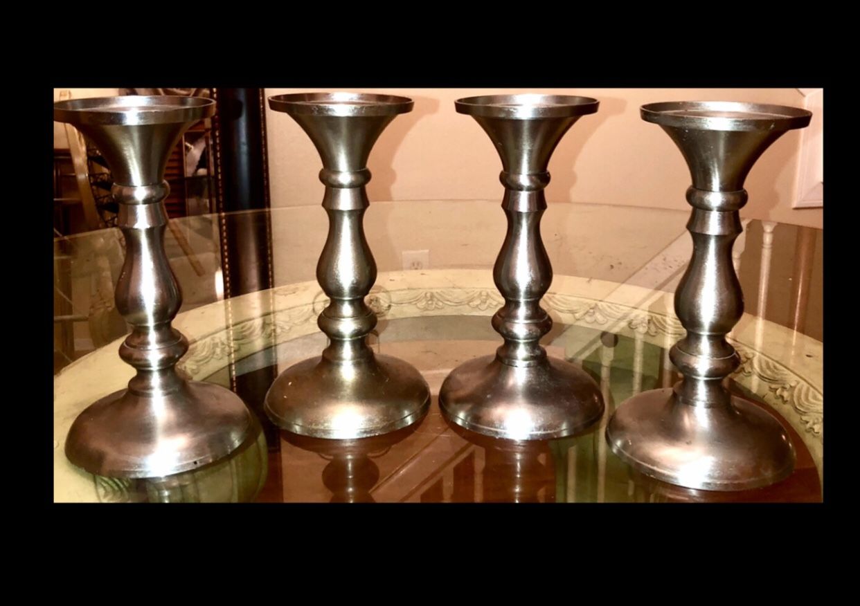 4 set of Silver Satin Finish Pillar Candle holders (9inch Pillars) 