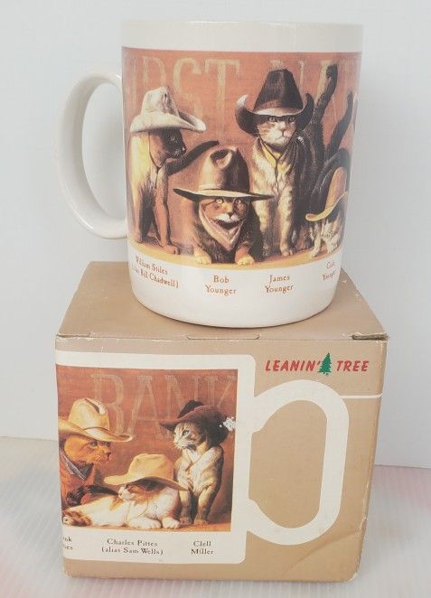 Leanin Tree "The James-Younger Gang's Last Raid" Ceramic Coffee Mug Cowboy Cats